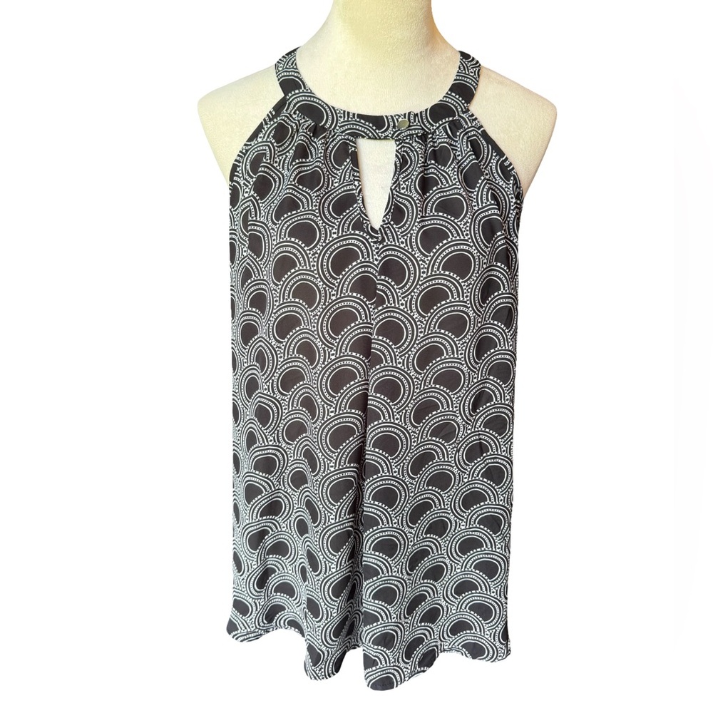 Spence Sleeveless Tunic Blouse Women’s Size Medium Black White Circle Pattern